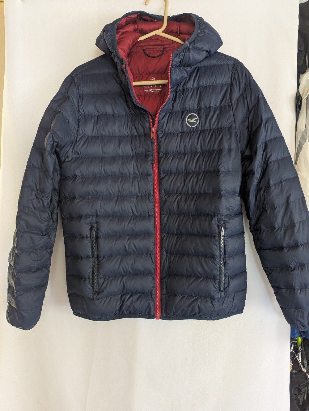 Hollister Men's Small Down Navy Blue Hooded Jacket Ultralight Packable